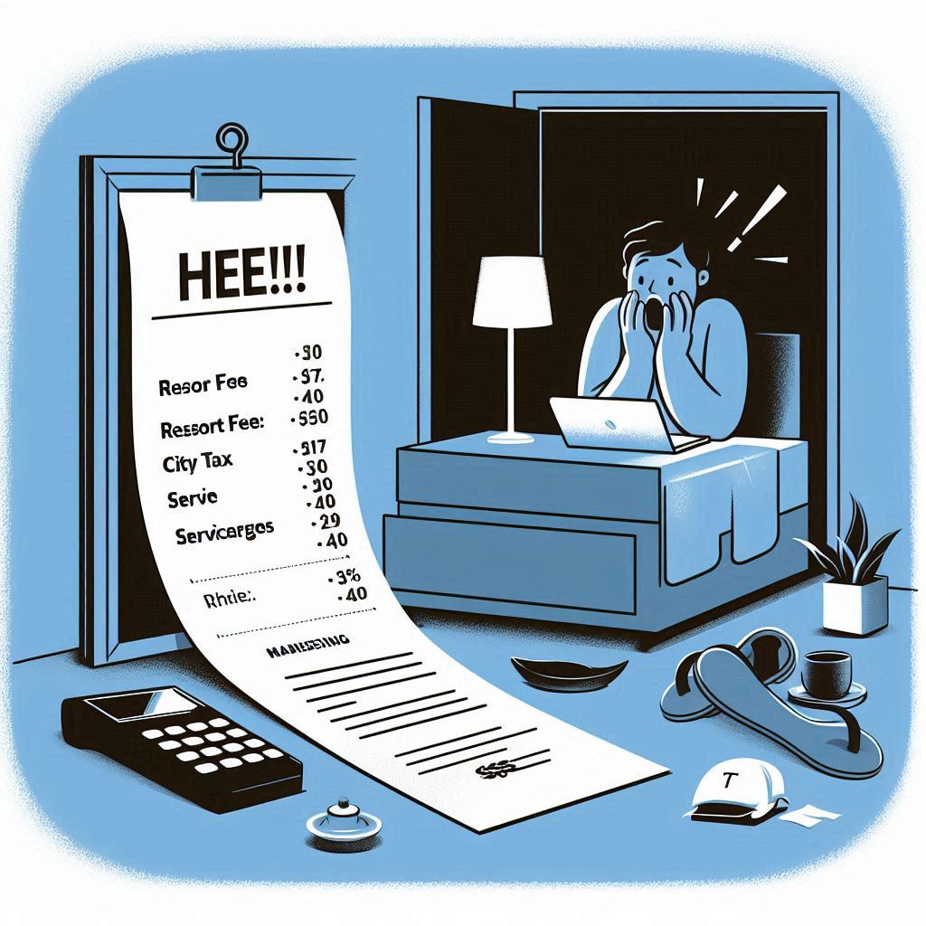 A person shocked at hidden hotel fees shown during checkout – including resort fee, city tax, and service charges. Illustrated in a minimal modern style.