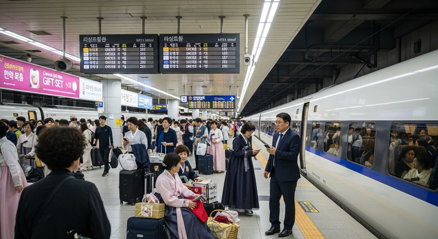 추석 귀성객으로 붐비는 기차역 대합실
