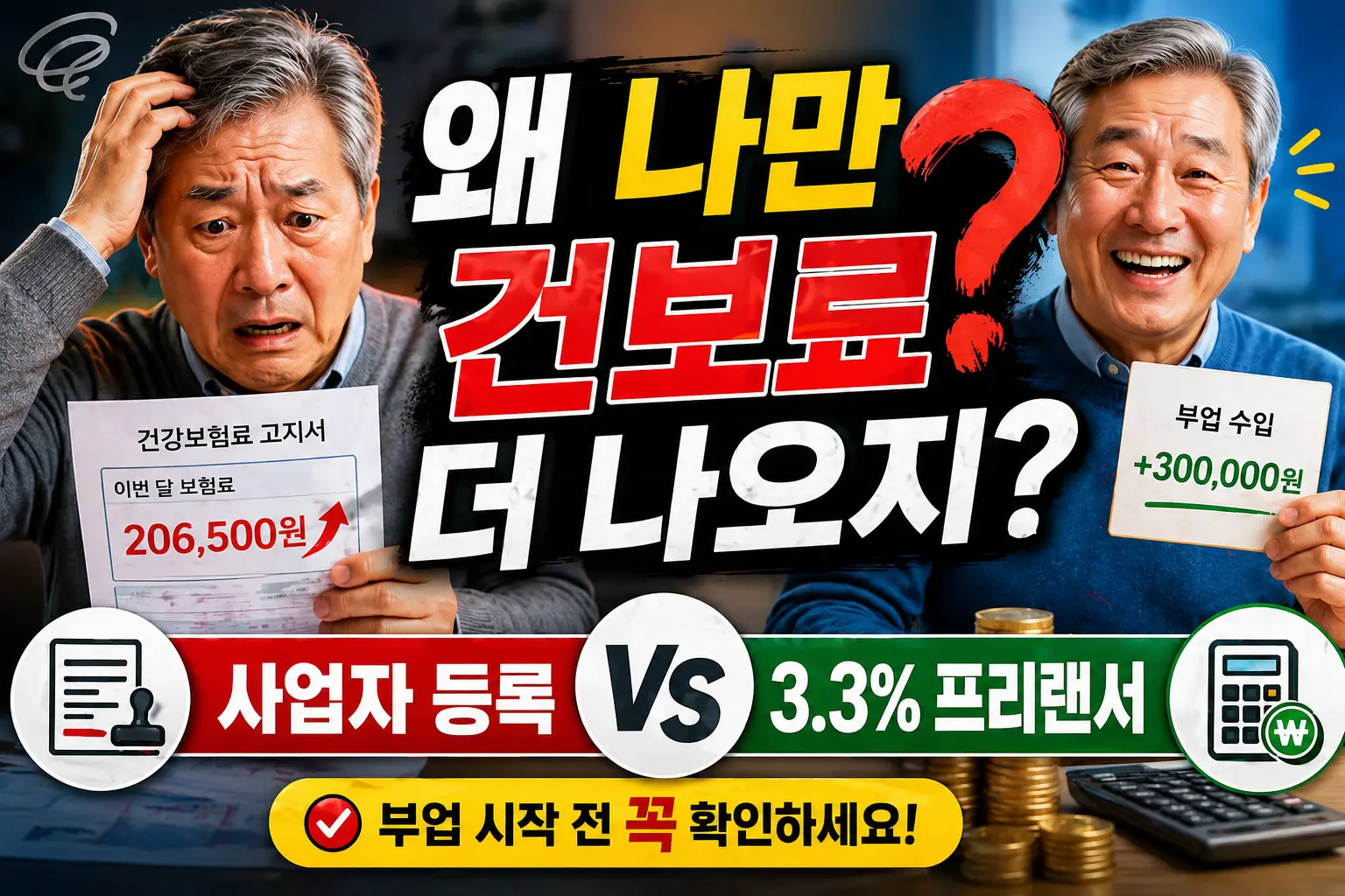 20만 원대 건강보험료 고지서를 보고 절망하는 은퇴자와, 월 30만 원 부업 수익을 들고 환하게 웃는 은퇴자의 모습이 극명하게 대비된 썸네일 이미지입니다. 중앙에는 '왜 나만 건보료 더 나오지?'라는 문구가 적혀 있으며, 하단의 '사업자 등록 VS 3.3% 프리랜서', '부업 시작 전 꼭 확인하세요!' 텍스트를 통해 은퇴 후 소일거리 시 주의해야 할 건강보험료 폭탄 위험성을 경고하고 있습니다.