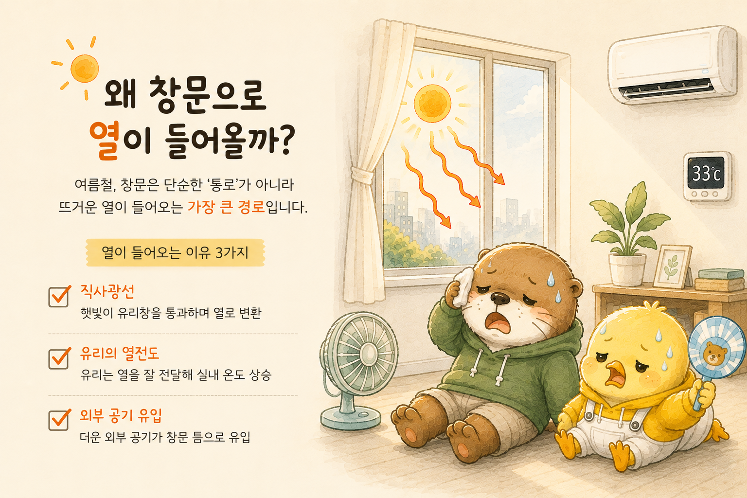 창문으로 들어오는 열이 방을 덥게 만드는 원인을 정리한 이미지