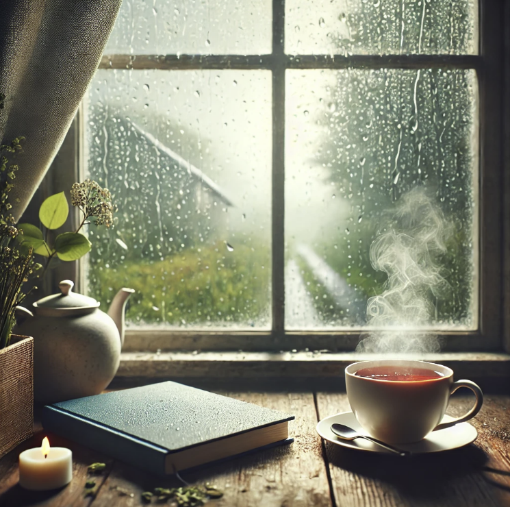 창문 너머로 내리는 비를 바라보는 따뜻한 실내, 김이 모락모락 나는 차 한 잔과 잔잔한 휴식의 순간