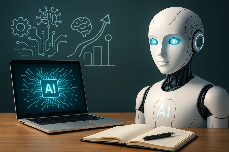 AI 로봇과 노트북, 학습 노트를 통해 인공지능 교육과 학습 로드맵을 상징적으로 표현한 이미지