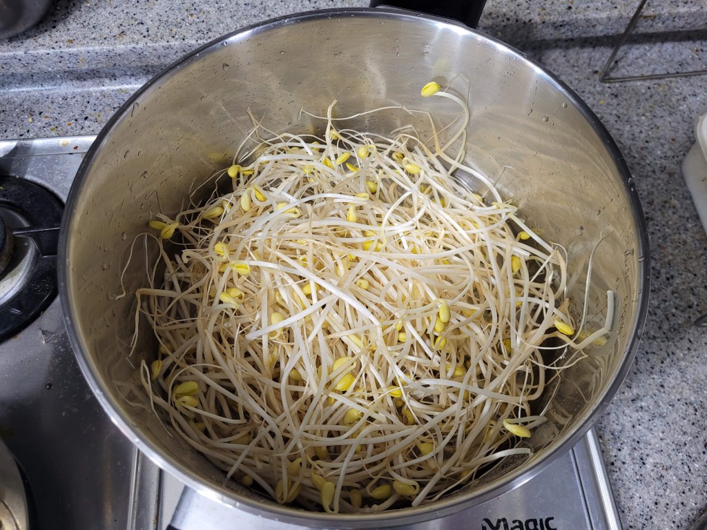 냄비에 넣고 데치기 전 준비한 콩나물