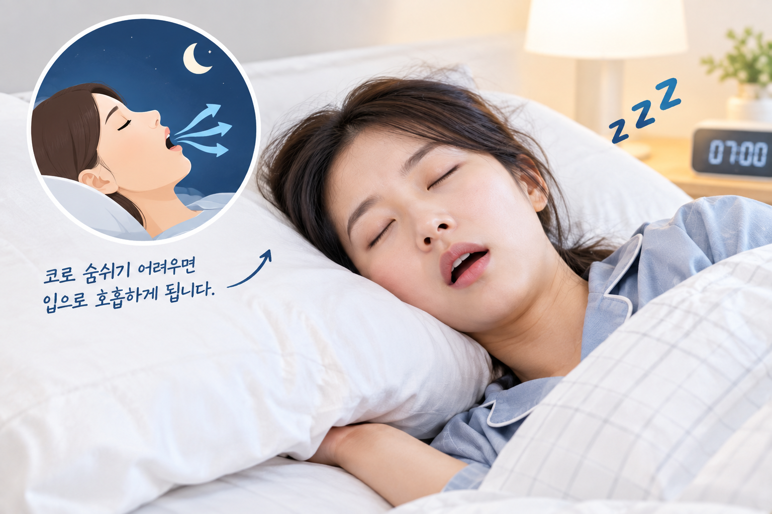 코로 숨쉬기 어려워서 입으로 호흡하면 입안 수분이 빠져 텁텁함을 더 느낄 수 있다