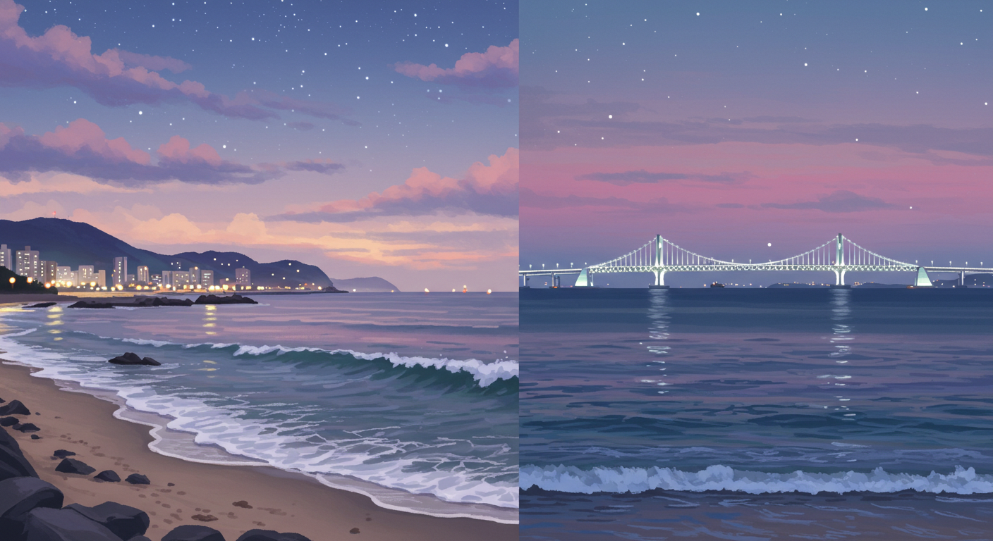 해운대 밤바다와 광안대교 불빛이 어우러진 풍경