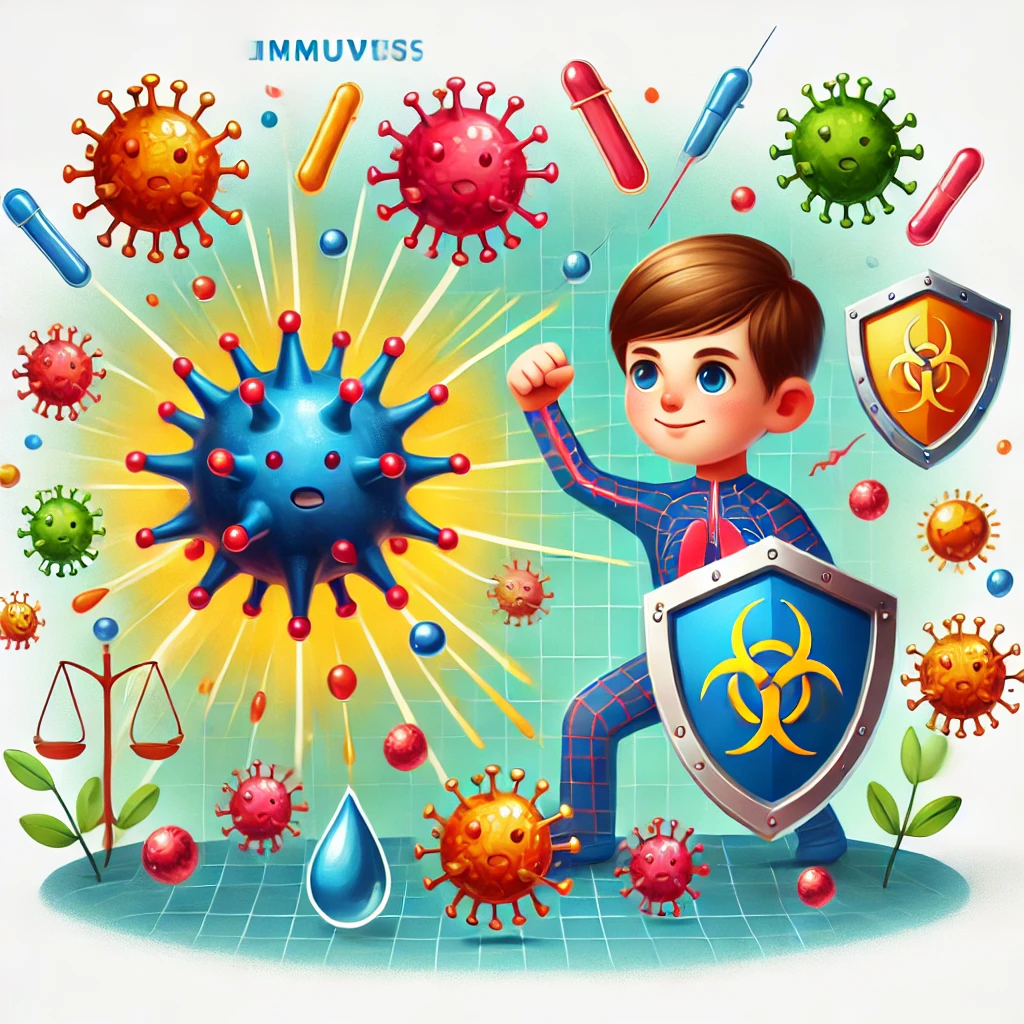 바이러스와 어린이의 면역 체계 작동을 시각적으로 표현한 일러스트.