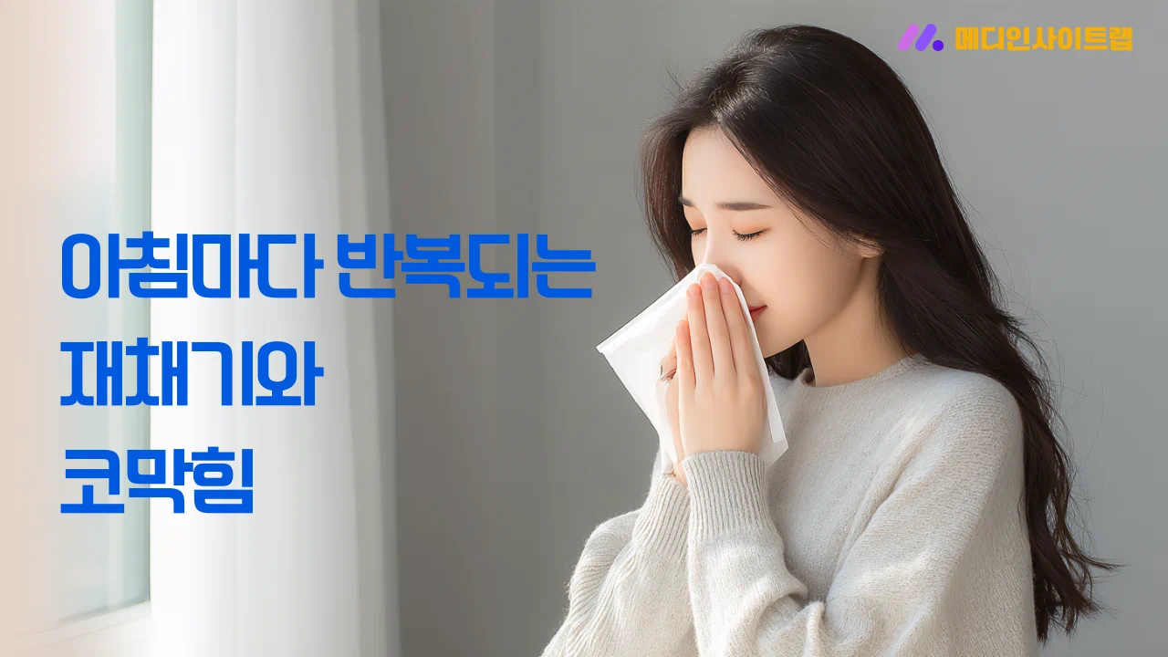 봄철 아침 햇살이 들어오는 실내, 코막힘과 재채기로 힘들어하는 30대 한국인 남녀 중 한 명, 휴지를 들고 있는 자연스러운 모습
