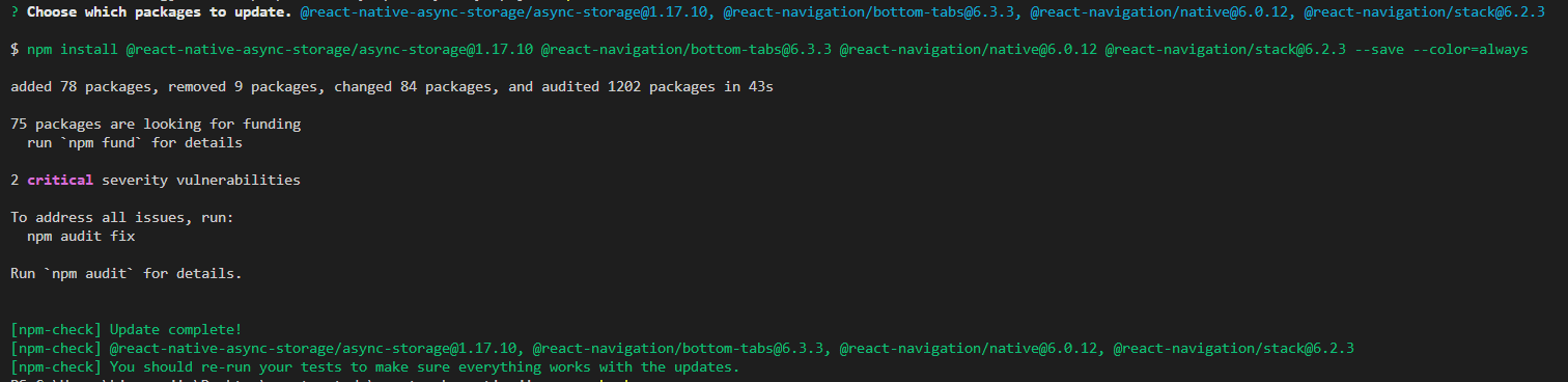 npm_check_업데이트결과화면