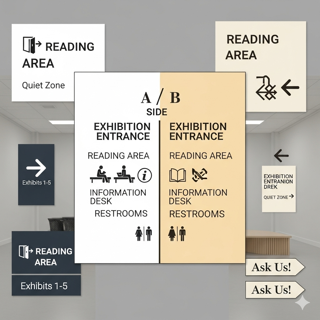 전시·열람 공간 표지(사인) 시스템 — 문구·픽토그램·가독성·배치 A/B 가이드