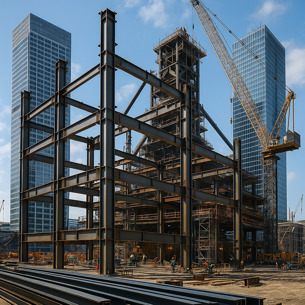 철강 빔과 고층 빌딩 건설 현장 이미지