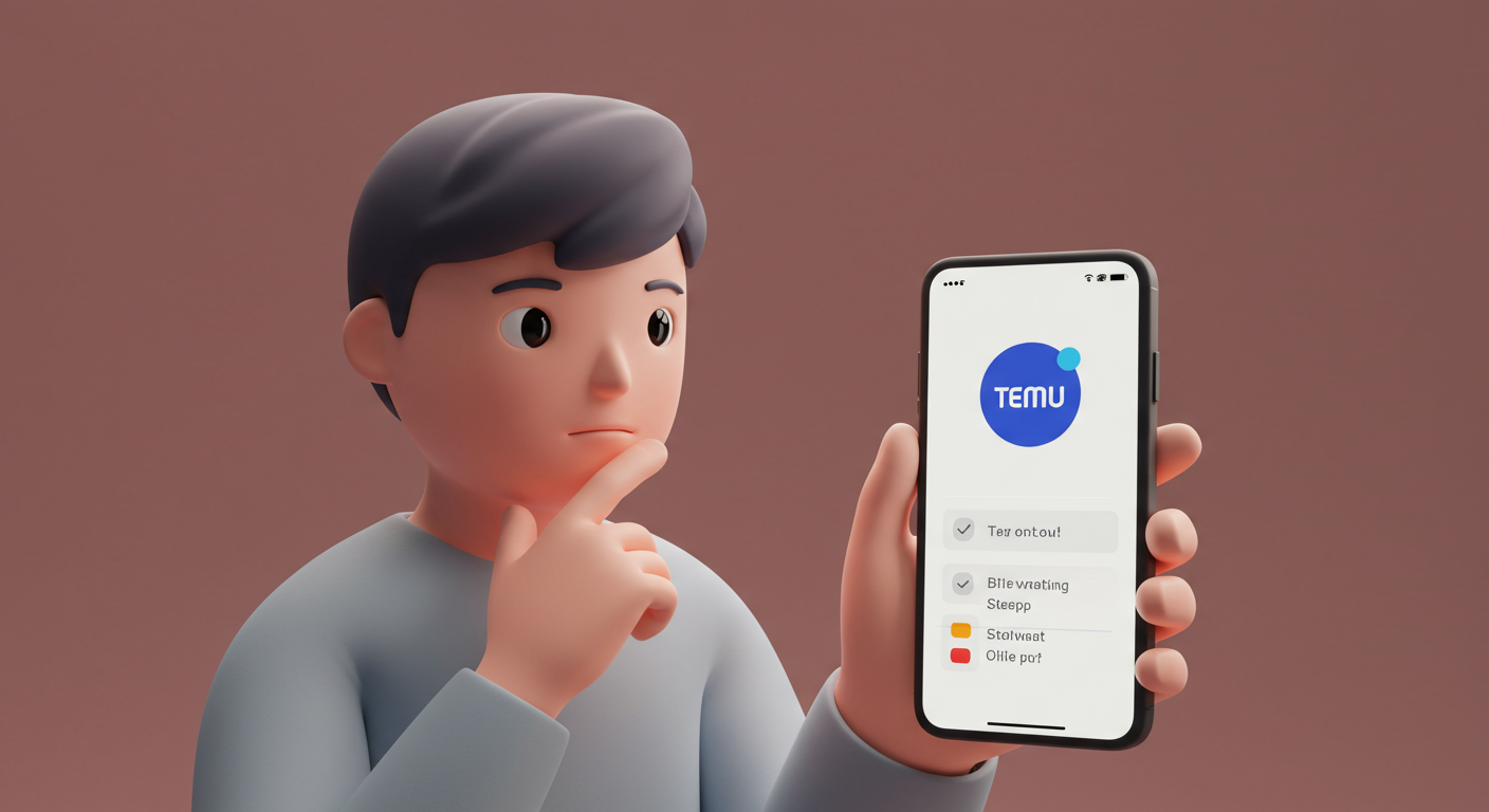 테무 계정 해지 절차를 확인하는 소비자 캐릭터