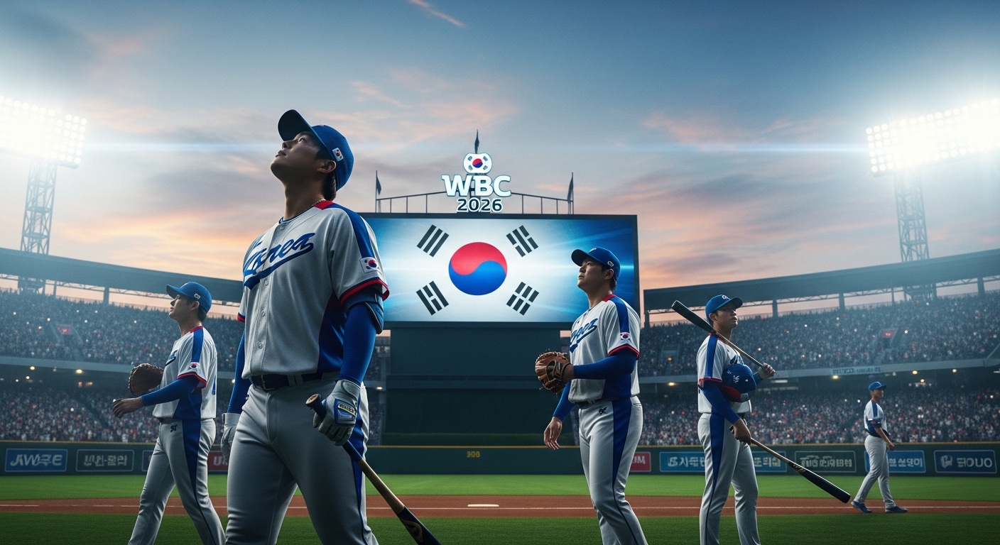 2026 WBC 한국 대표팀 유니폼을 입은 한국계 및 한국인 메이저리거들이 경기장을 향해 걸어가는 모습. 역동적이고 희망찬 분위기.