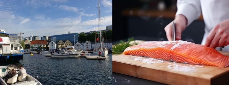 노르웨이 항구와 연어요리 준비 이미지