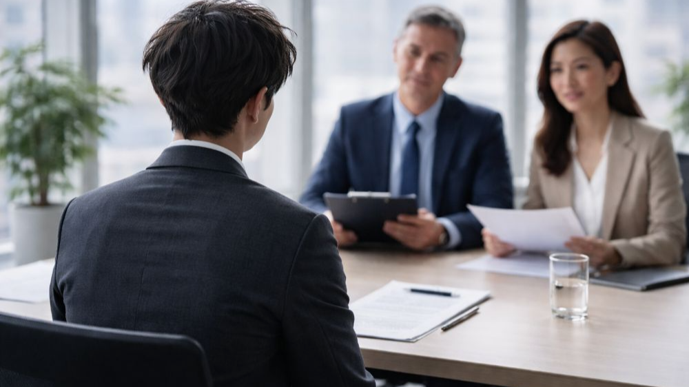 사무실 회의실에서 면접관들과 마주 앉아 면접을 보고 있는 지원자의 뒷모습