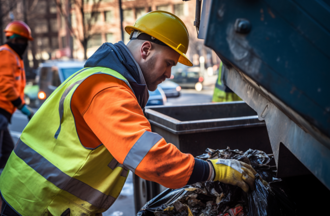 환경미화원이 쓰레기를 정리하고 있다.