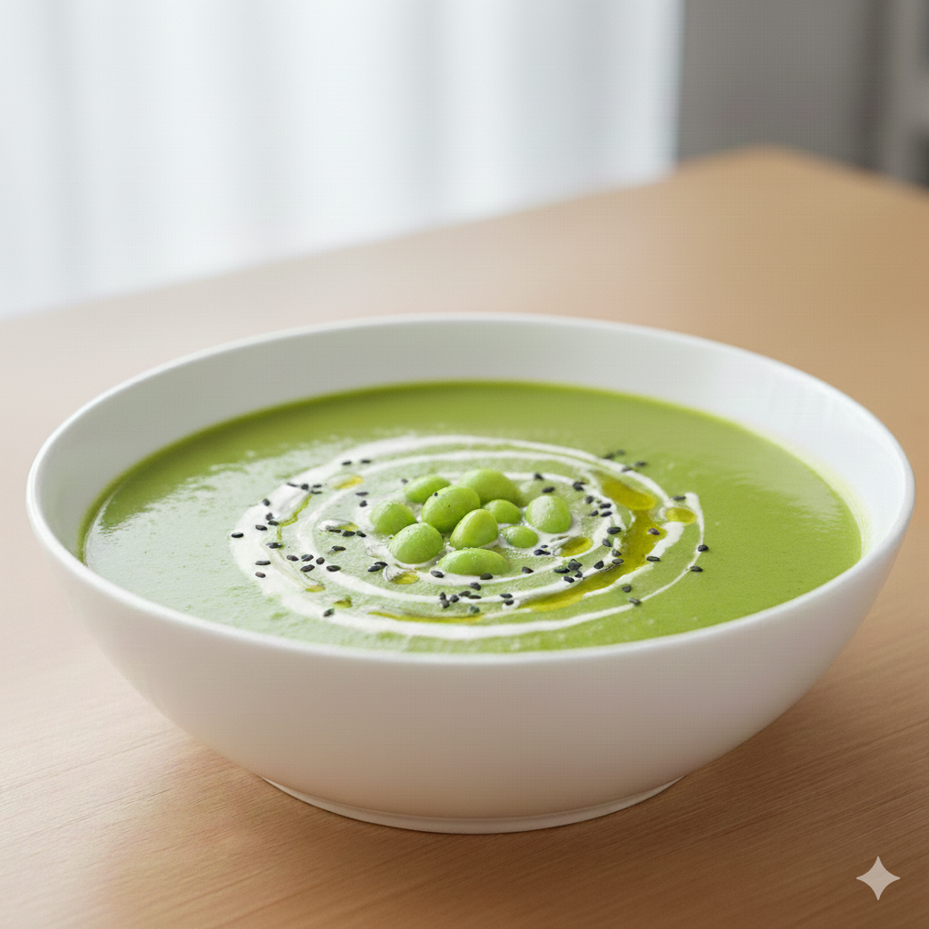 풋콩을 곱게 갈아 만들어 파스텔톤 연두빛을 띠는 부드러운 풋콩 크림 스프