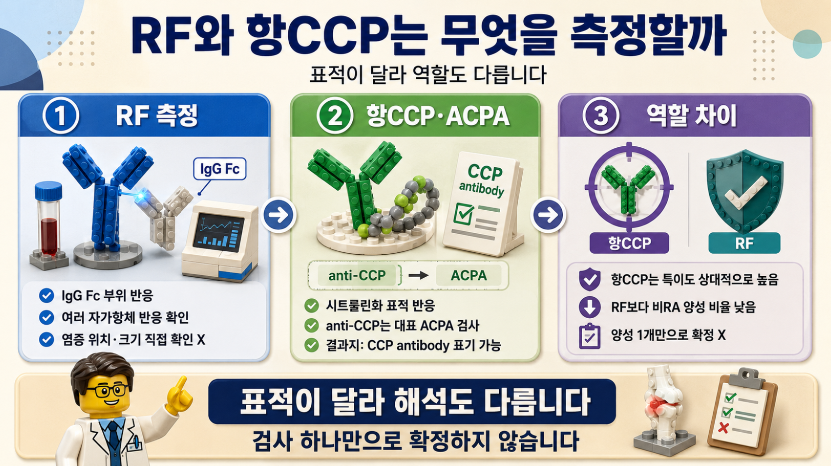 RF와 항CCP가 측정하는 항체 반응과 특이도 차이를 비교한 메디컬 인포그래픽