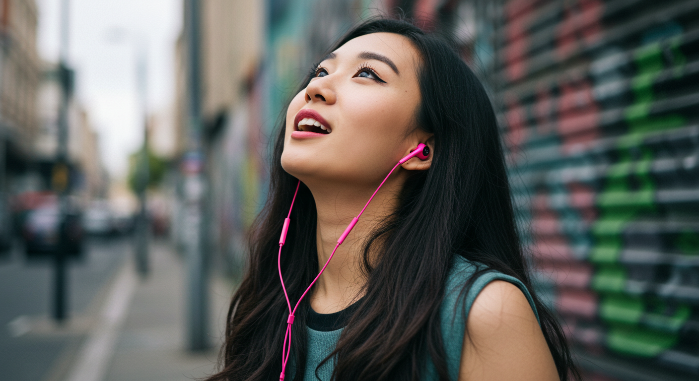 유선이어폰 끼고 있는 여성