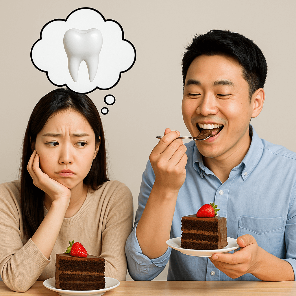 케이크 앞에서 치아를 걱정하는 젊은 여성과 걱정 없이 케이크를 먹는 젊은 남성