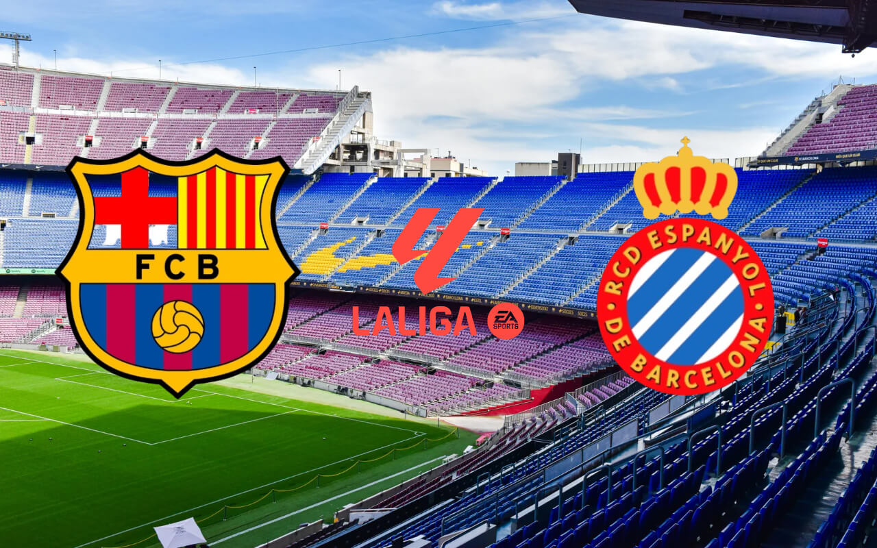에스파뇰 vs 바르셀로나 라리가 더비, FCB와 RCD 엠블럼, 라리가 경기장 배경 이미지