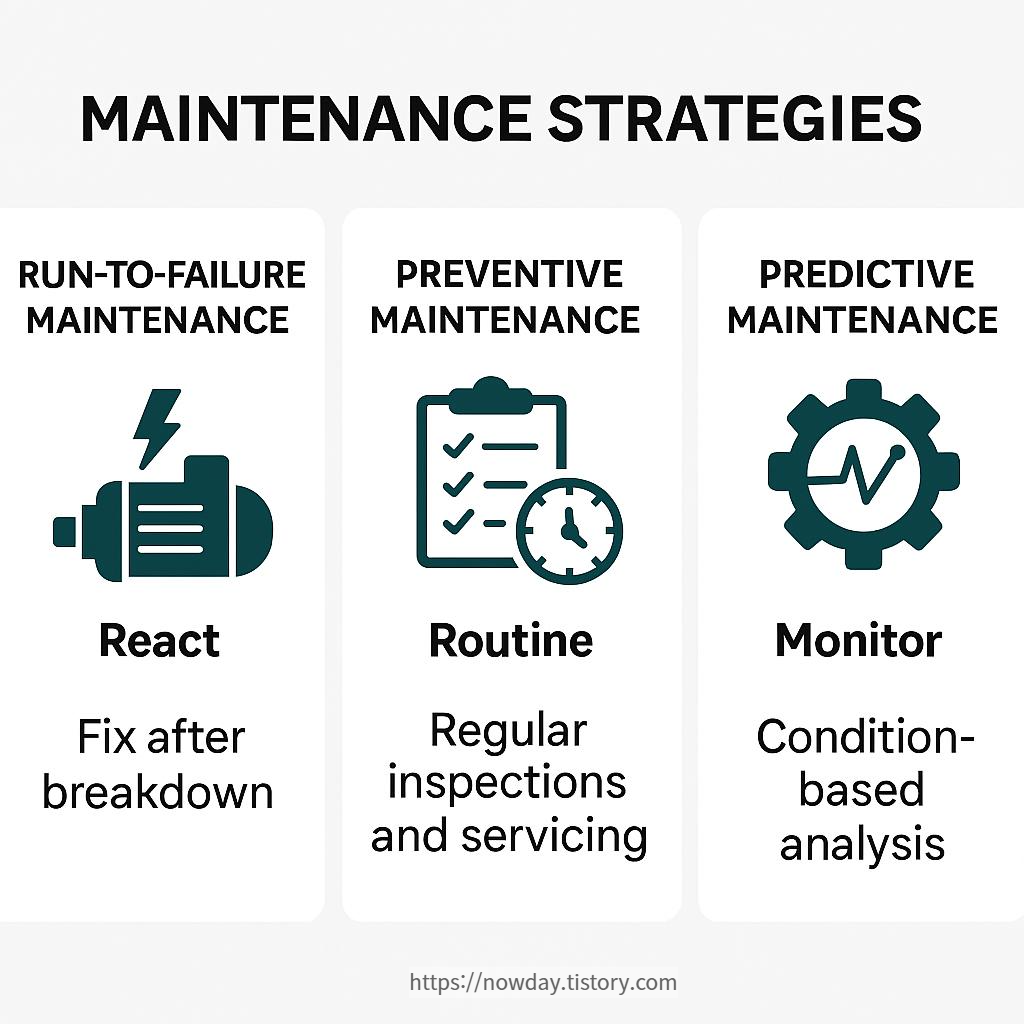 Infographic comparing breakdown maintenance, preventive maintenance, and predictive maintenance with key features, pros, and cons