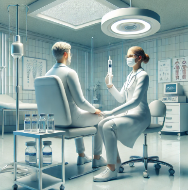 클리닉에서 킬레이션 해독주사를 받는 안전한 의료 환경