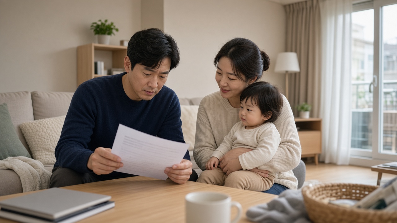 거실에서 가족 보험료 납입 내역을 챙기는 한국인 가족
