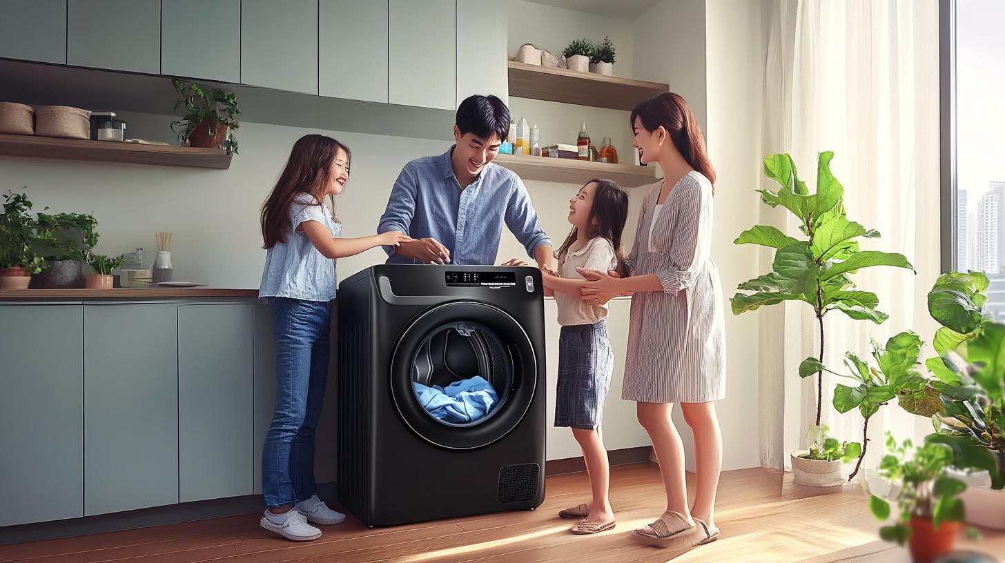 활기찬 한국 가족이 삼성 비스포크 세탁건조기와 함께 소형 도시 아파트에서 공간 절약의 이점을 누리고 있는 장면.