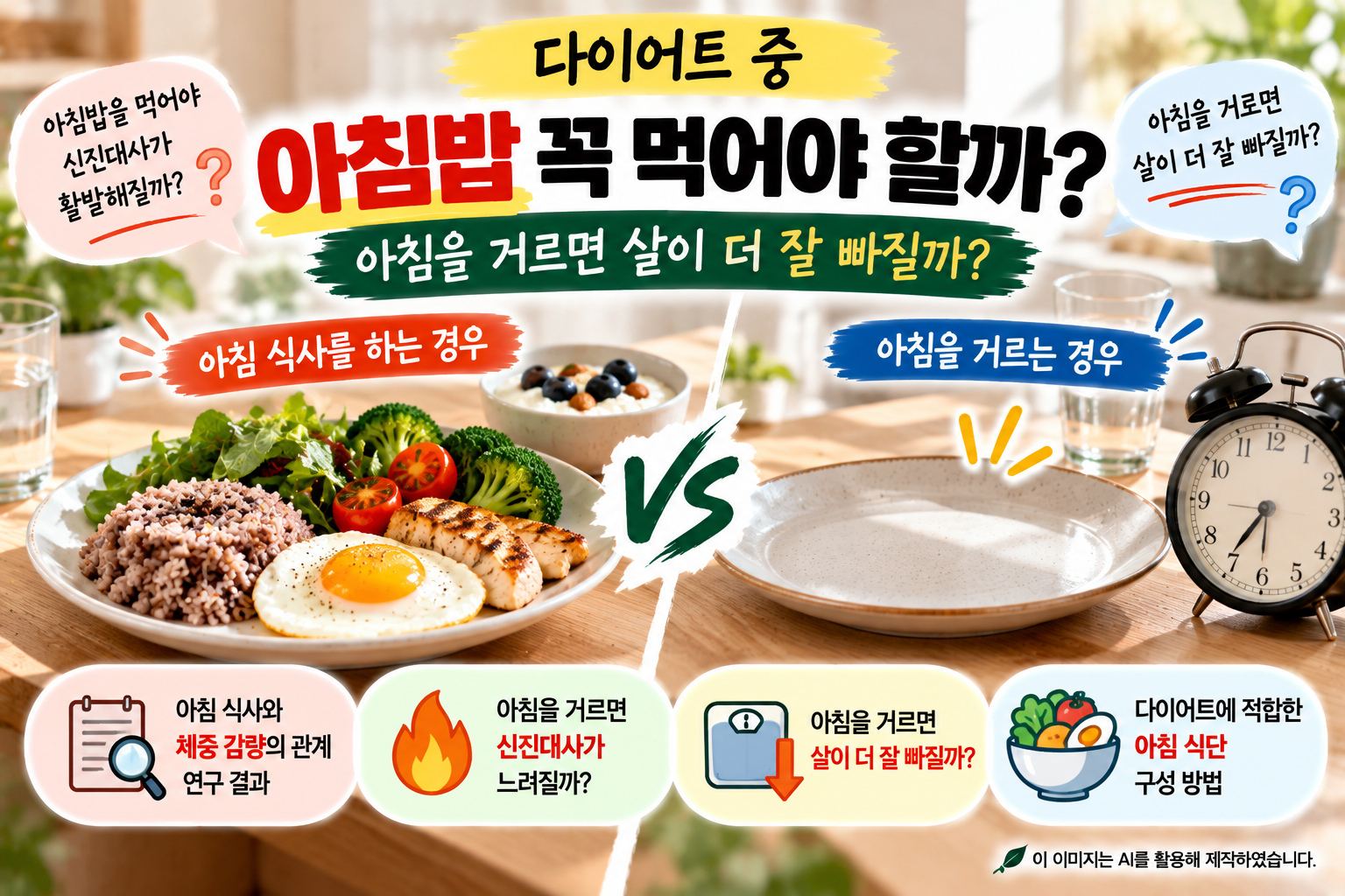 다이어트 중 아침밥을 먹는 경우와 거르는 경우를 비교하고, 아침 식사가 체중 감량과 신진대사에 미치는 영향 및 건강한 아침 식단 구성 방법을 설명하는 이미지