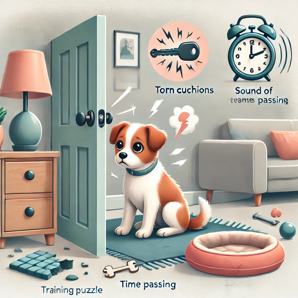 불안해하는 강아지와 훈련도구 이미지