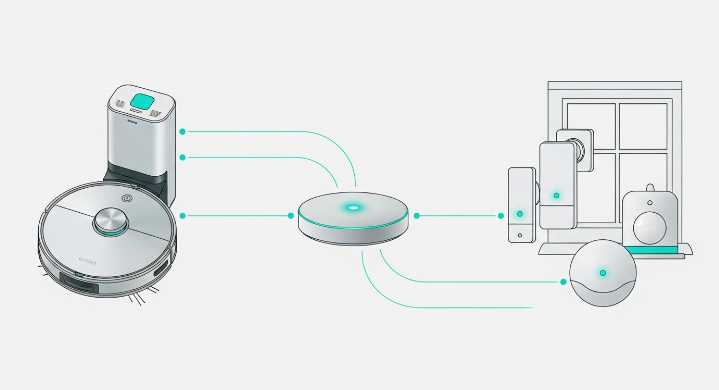 스마트 허브, 로봇 청소기, 다양한 스마트 센서가 서로 연결된 스마트 홈 시스템 구성 요소 다이어그램.