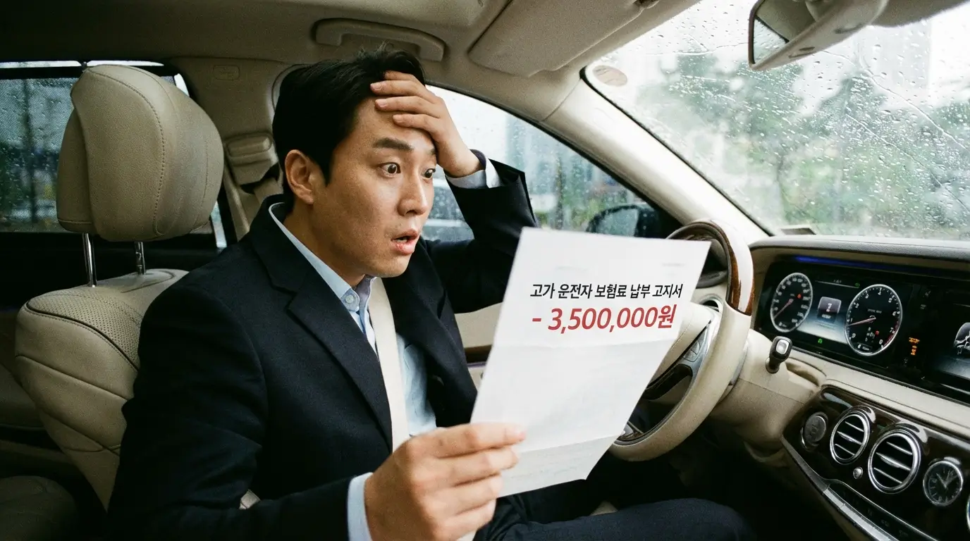 운전석에 앉아 비싼 운전자 보험료 고지서를 보며 당황스러워하는 운전자의 모습