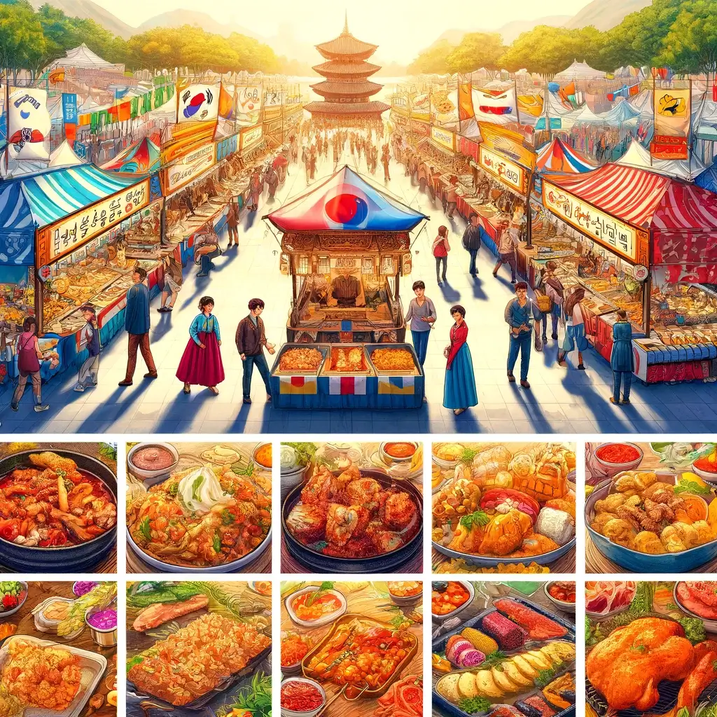 번화한 축제에서 다양한 요리를 선보이며 다양한 지역에 걸쳐 한식의 풍부한 다양성