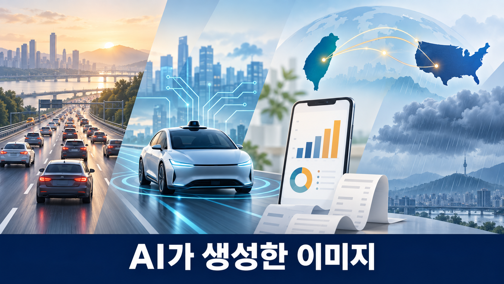 귀경 고속도로, 자율주행차, 통신비, 대만 방위, 출근길 날씨를 상징한 점심 뉴스 개념 일러스트