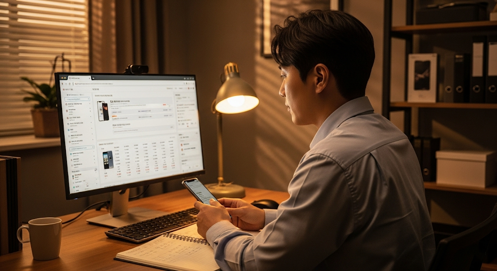 온라인 커뮤니티와 오픈채팅방을 통해 '진짜 휴대폰 성지' 정보를 찾고 있는 한국 남성