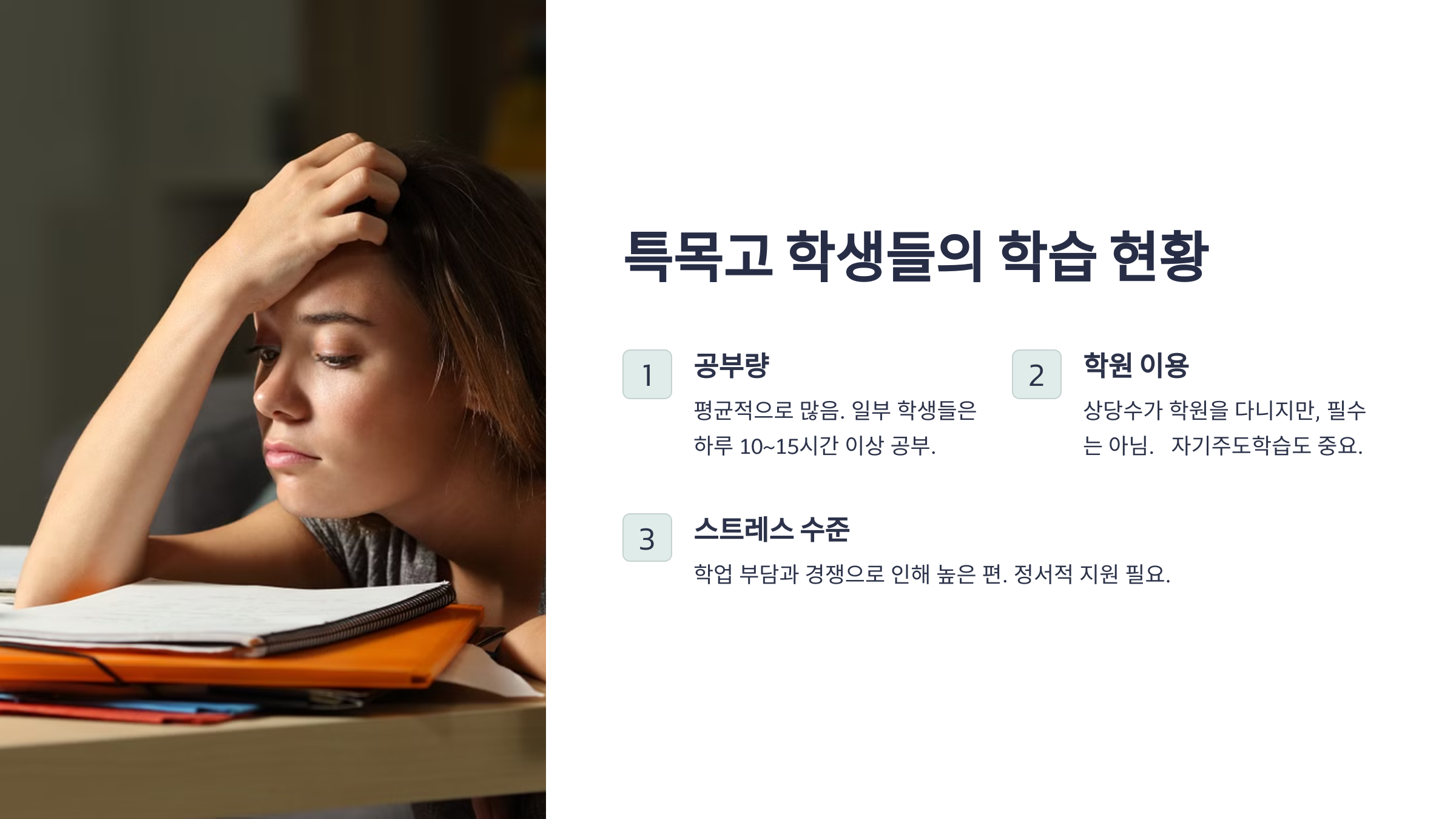 &ldquo;특목고 학생들의 학습 현황. 공부량, 학원 이용 여부, 스트레스 수준 등을 아이콘과 텍스트로 설명한 이미지.&rdquo;