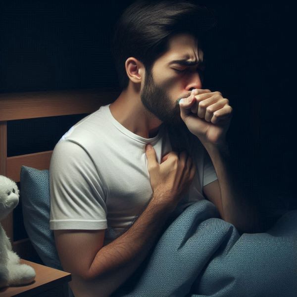 남성이 밤에 잠을 자다가 기침을 쿨럭쿨럭 하고 있다.