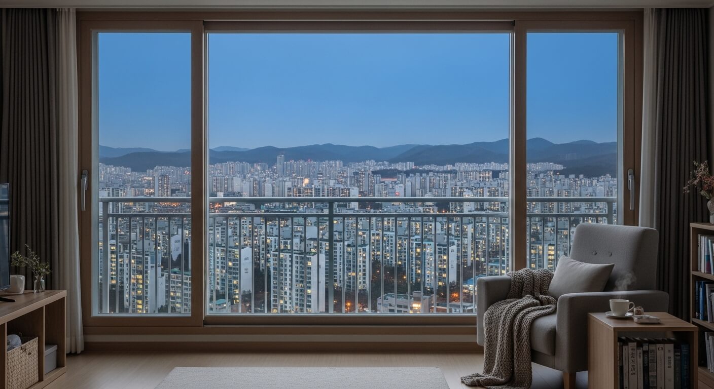 층간소음 문제가 해결된 후 고요하고 평온한 분위기의 한국 아파트 거실과 창밖 풍경