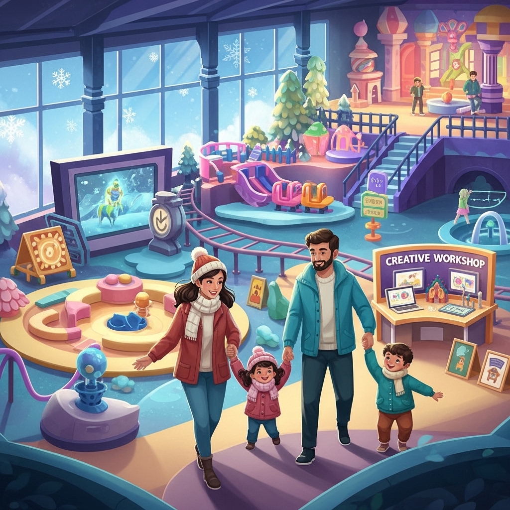 2025년 겨울방학, 아이와 함께 추위 걱정 없이 즐거운 시간을 보내는 가족의 모습을 담은 활기찬 실내 테마파크 풍경.