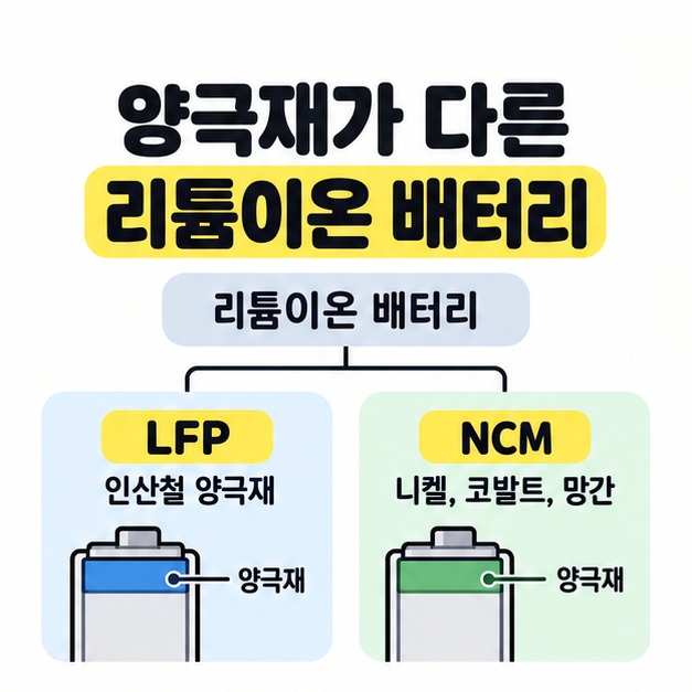 리튬이온 배터리를 LFP 인산철 양극재와 NCM 니켈, 코발트, 망간으로 나누고 배터리 단면의 양극재 위치를 표시한 분류 도식