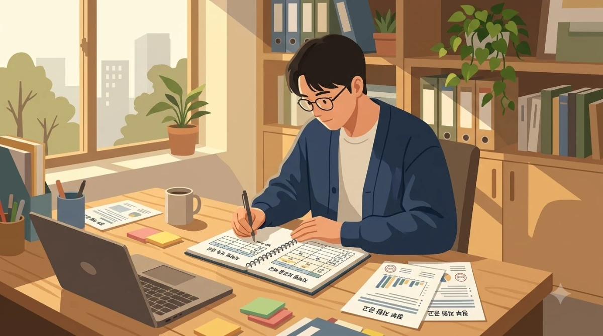 한국인 젊은 남성이 사무실 책상에 앉아 지역별 지원금 비교표를 노트에 정리하며 펜으로 표시하는 장면.