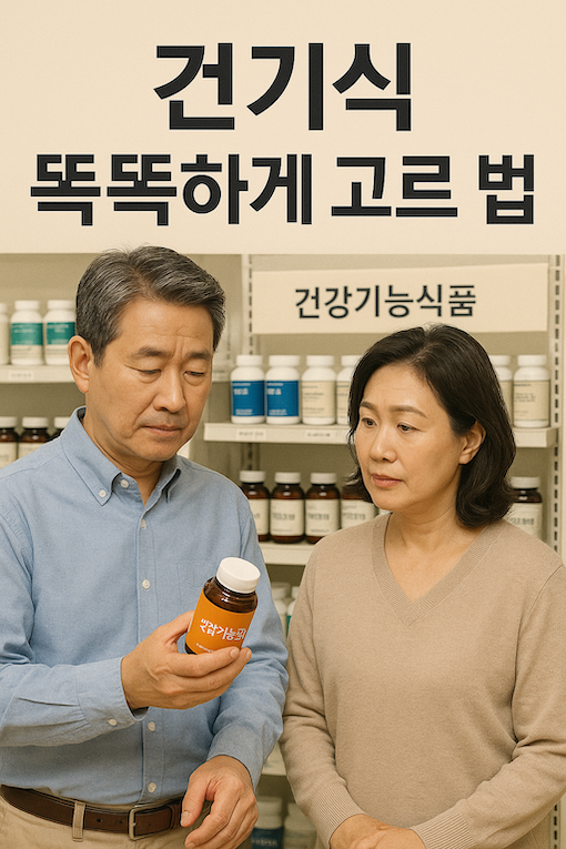 건기식 똑똑하게 고르는 법 포스터, 약국에서 건강기능식품을 살펴보는 중년 부부