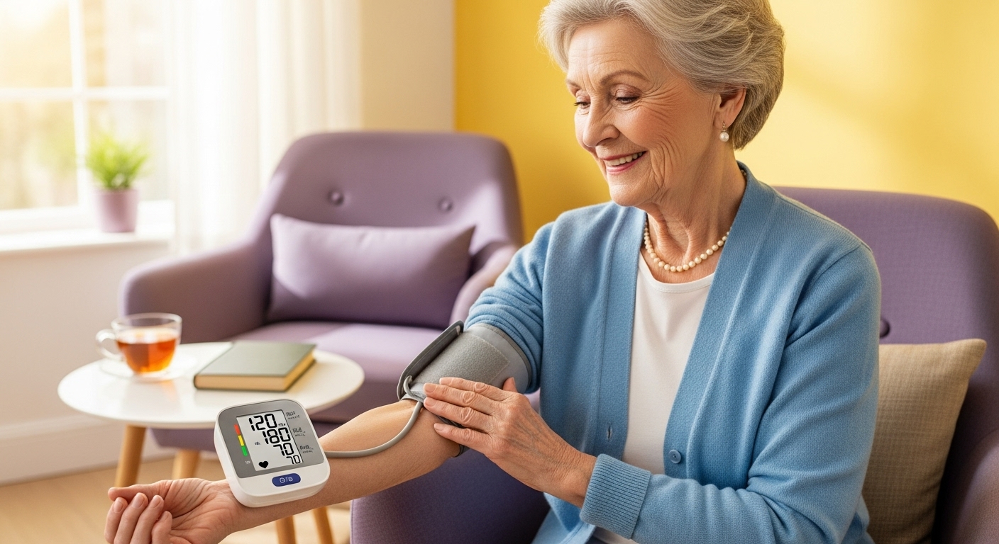 스마트 혈압계로 자신의 혈압을 쉽게 측정하며 미소 짓는 노년 여성의 모습