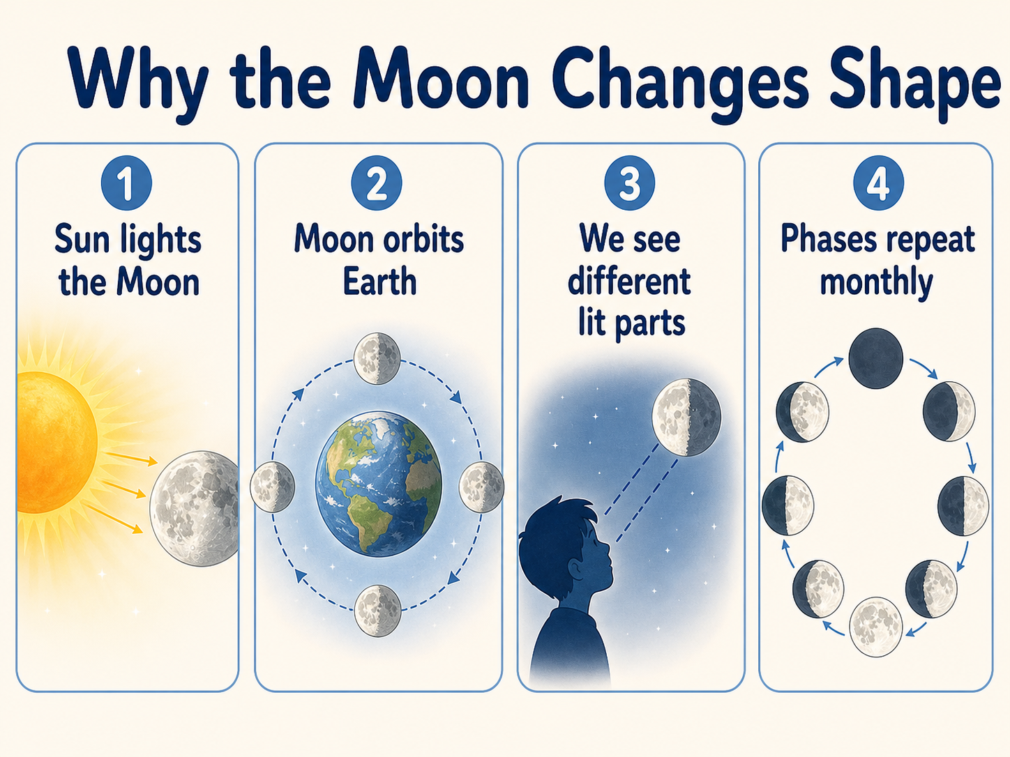 Infographic explaining why the Moon changes shape