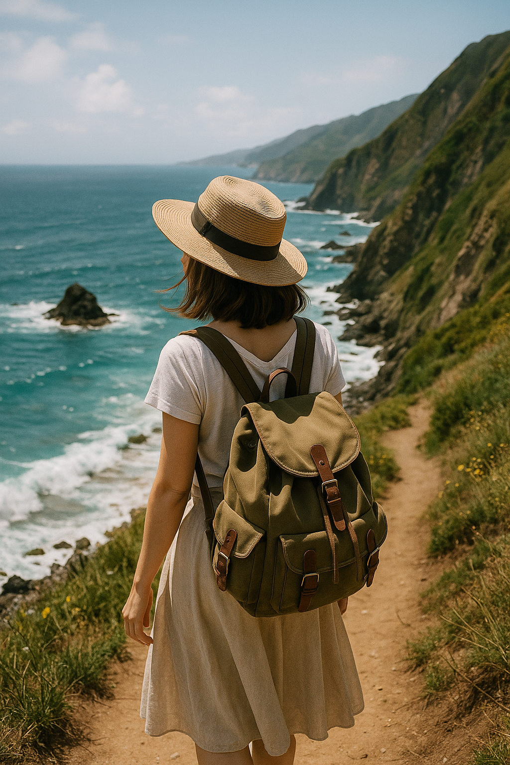 여행중 바다를 바라보고 있는 여성 사진