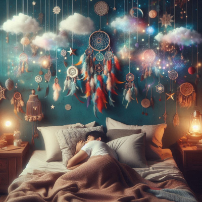 다양한 색깔과 형태의 드림캐처들이 방을 장식하고 있으며, 사람이 편안히 자고 있다.