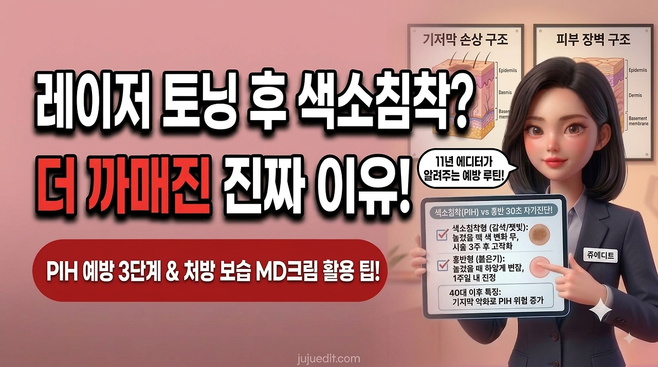 레이저 토닝 후 발생할 수 있는 색소침착(PIH)의 원인과 예방 루틴, MD크림 활용법을 요약한 쥬에디트 인포그래픽입니다.