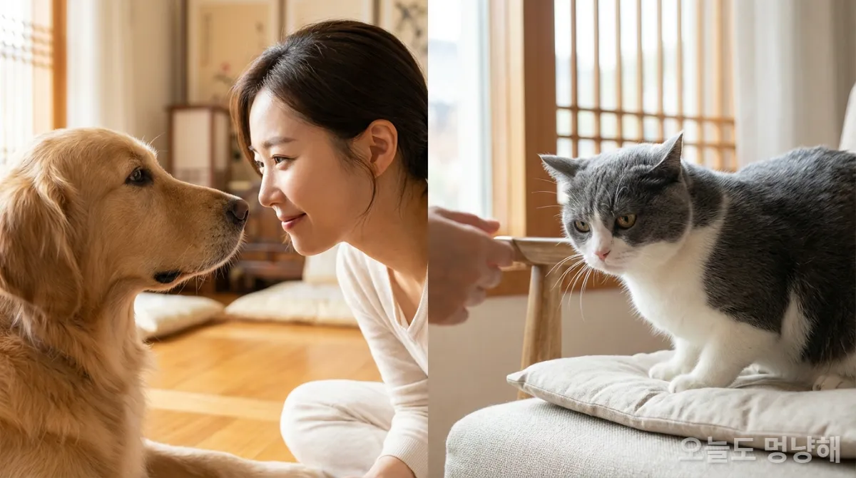 보호자와 눈을 맞추거나 시선을 회피하는 한국 강아지와 고양이
