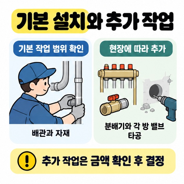 배관과 자재의 기본 작업 범위를 확인하는 기사와 분배기, 각 방 밸브 및 타공 장면을 비교하고 추가 작업은 금액 확인 후 결정하라는 안내
