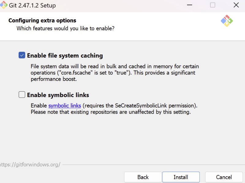 Git 설치 추가 옵션 화면